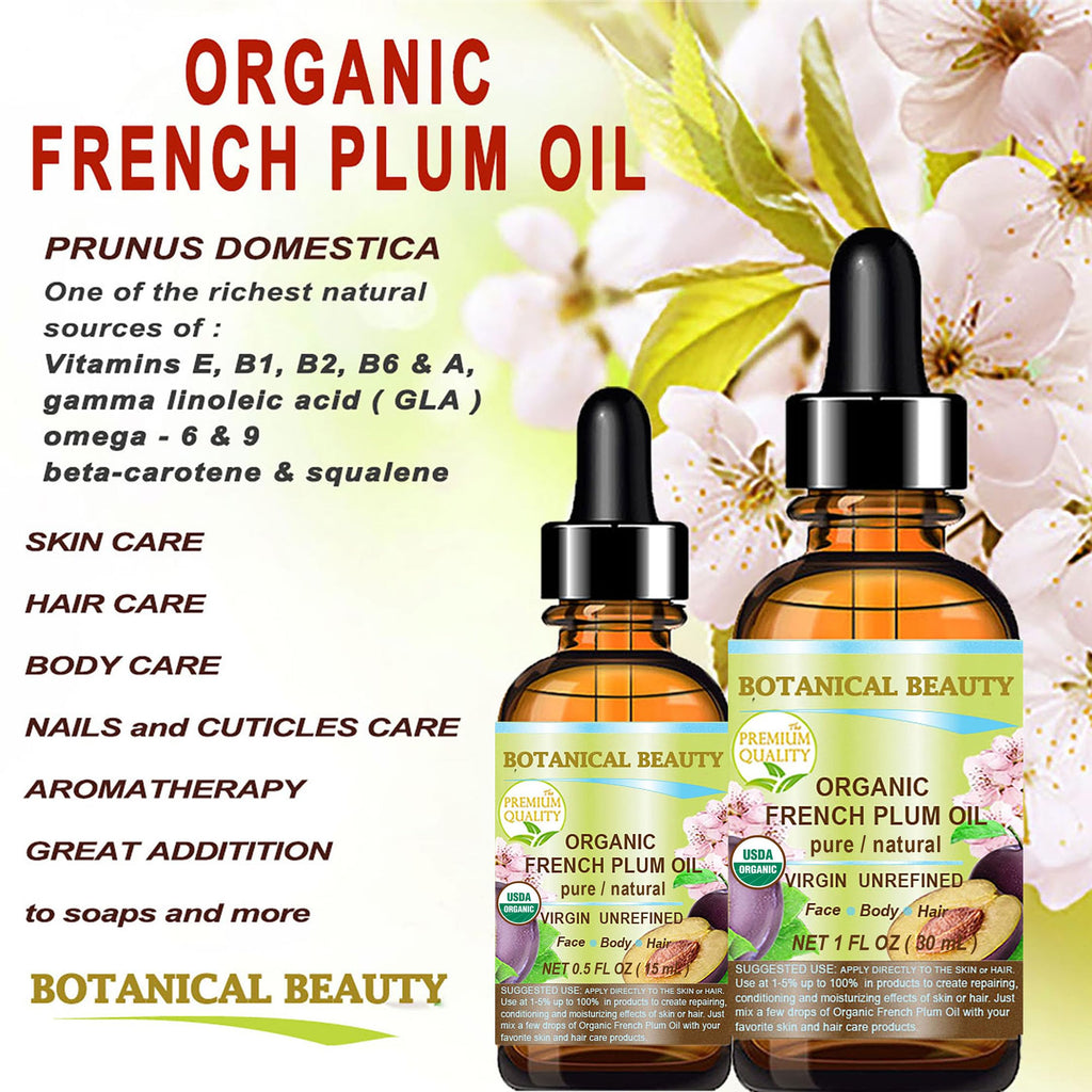 Botanical Beauty Organic French Plum Oil – 100% Pure Virgin Cold-Pressed Carrier Oil (2 fl oz) for Face, Skin, Hair