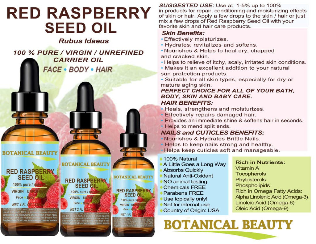 Botanical Beauty Red Raspberry Seed Oil – 4 Oz Virgin Cold-Pressed Carrier Oil