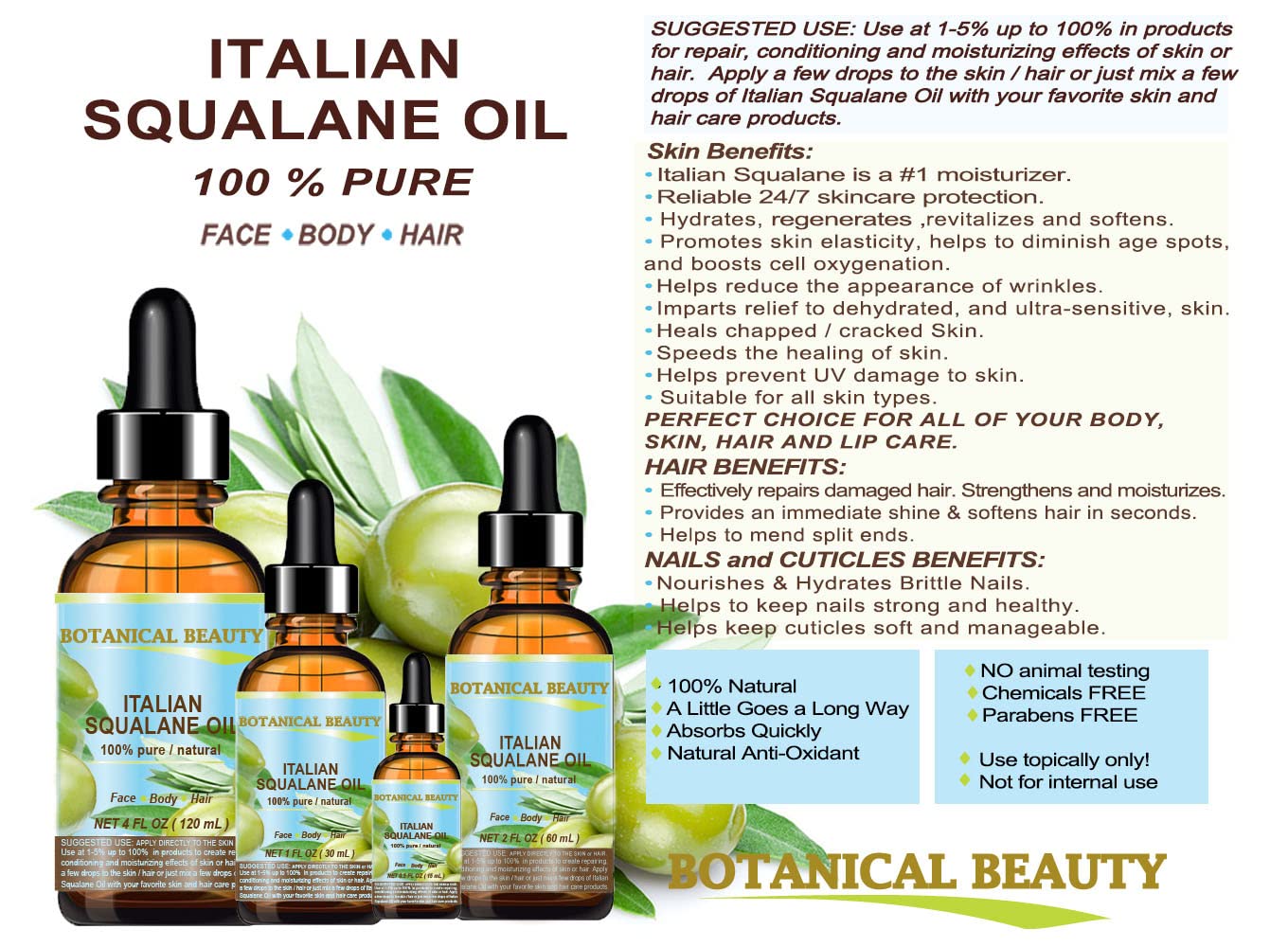 Botanical Beauty Squalane – 100% Pure Olive Oil Moisturizer (2 fl oz)