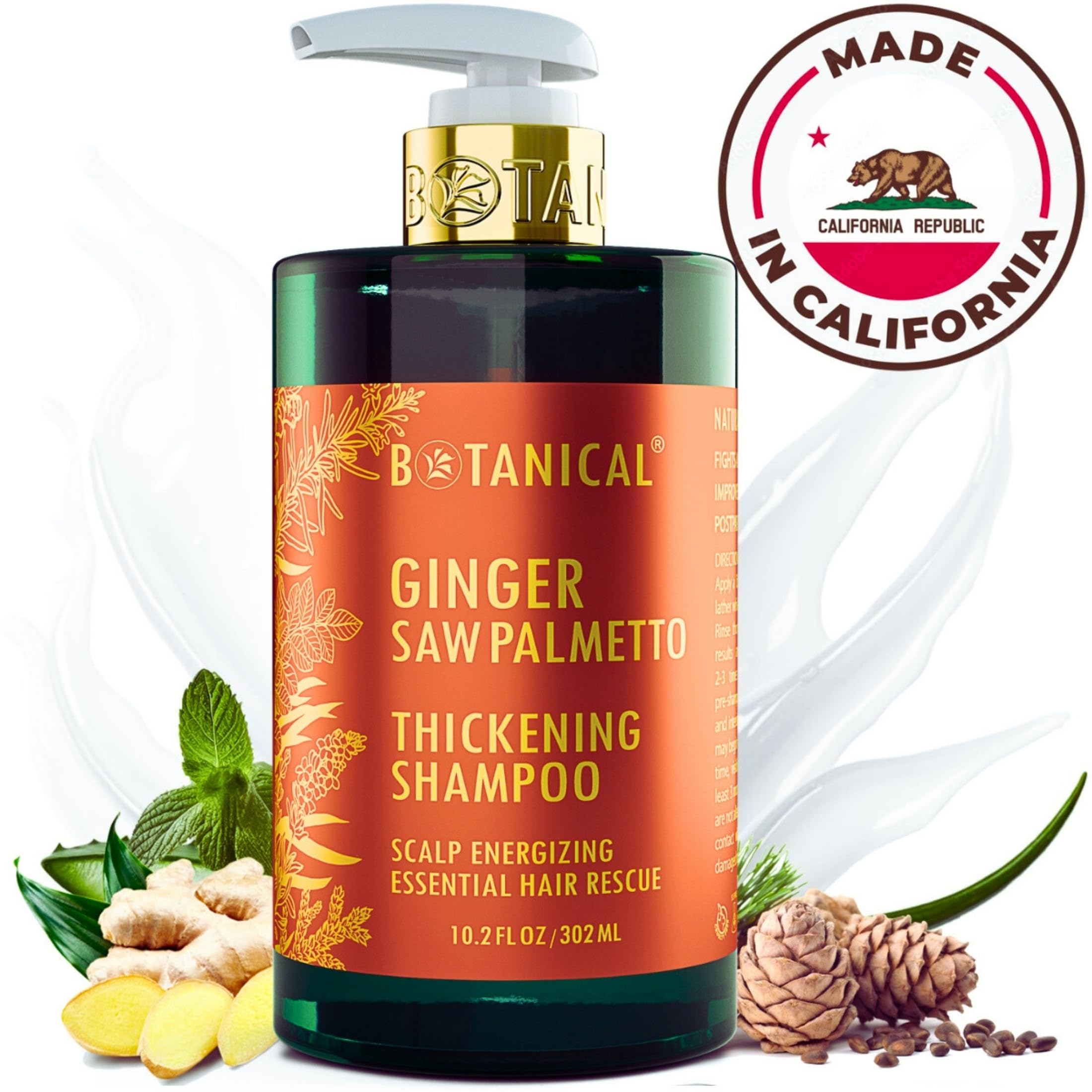 Botanical Hair Growth Lab Ginger Shampoo with Saw Palmetto – Scalp Energizing Thickening, 10.2 fl oz