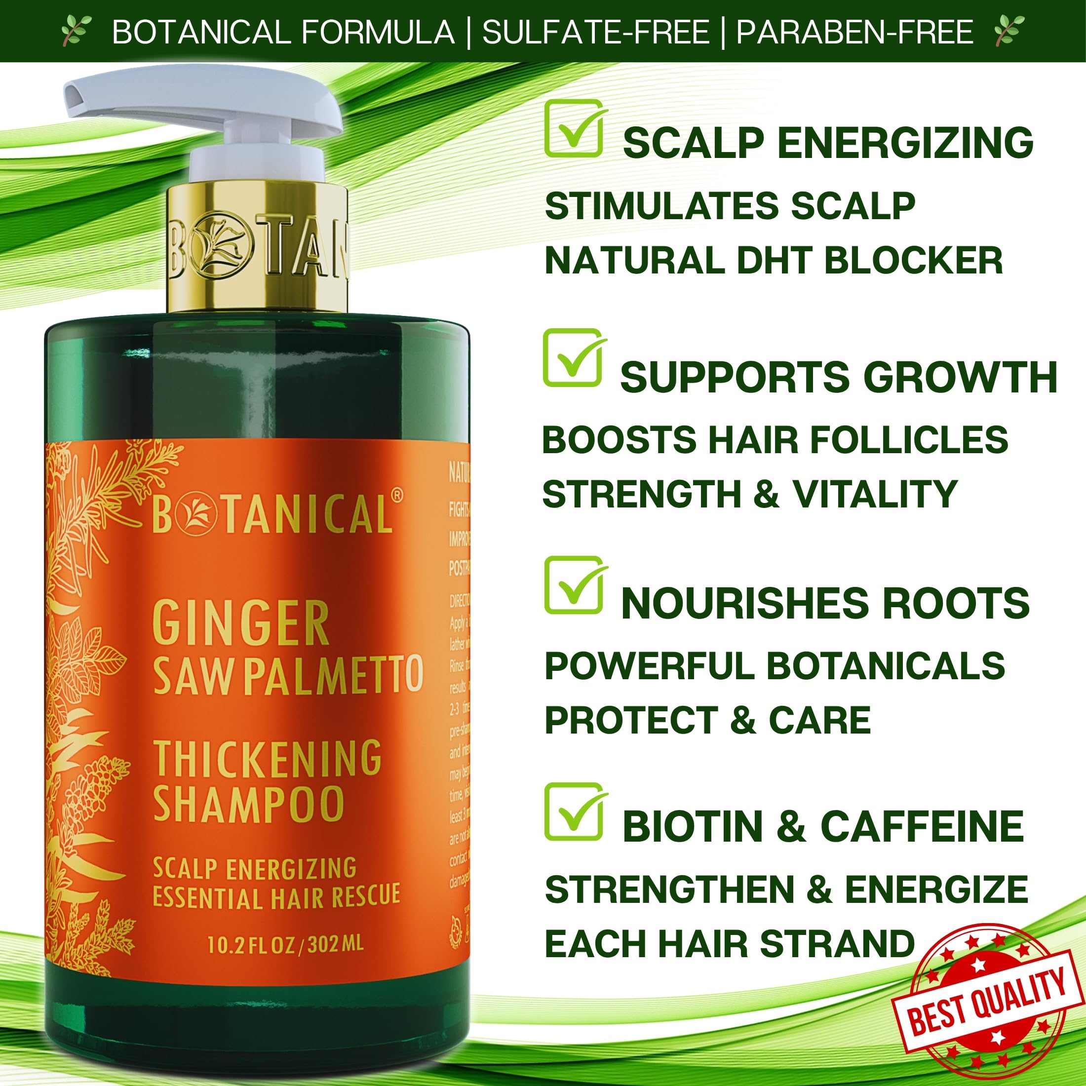 Botanical Hair Growth Lab Ginger Shampoo with Saw Palmetto – Scalp Energizing Thickening, 10.2 fl oz