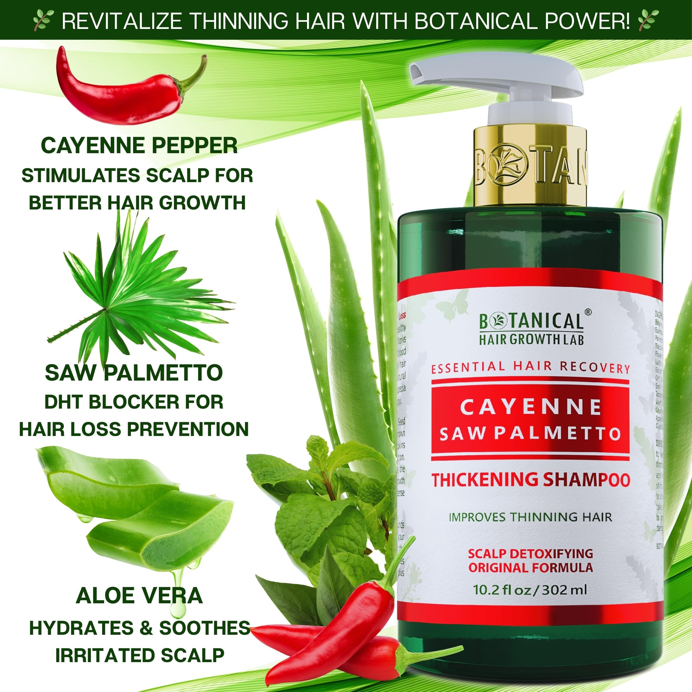 Botanical Cayenne Shampoo with Saw Palmetto – Thickening & Scalp-Stimulating | BOTANICAL HAIR GROWTH LAB 10.2 oz