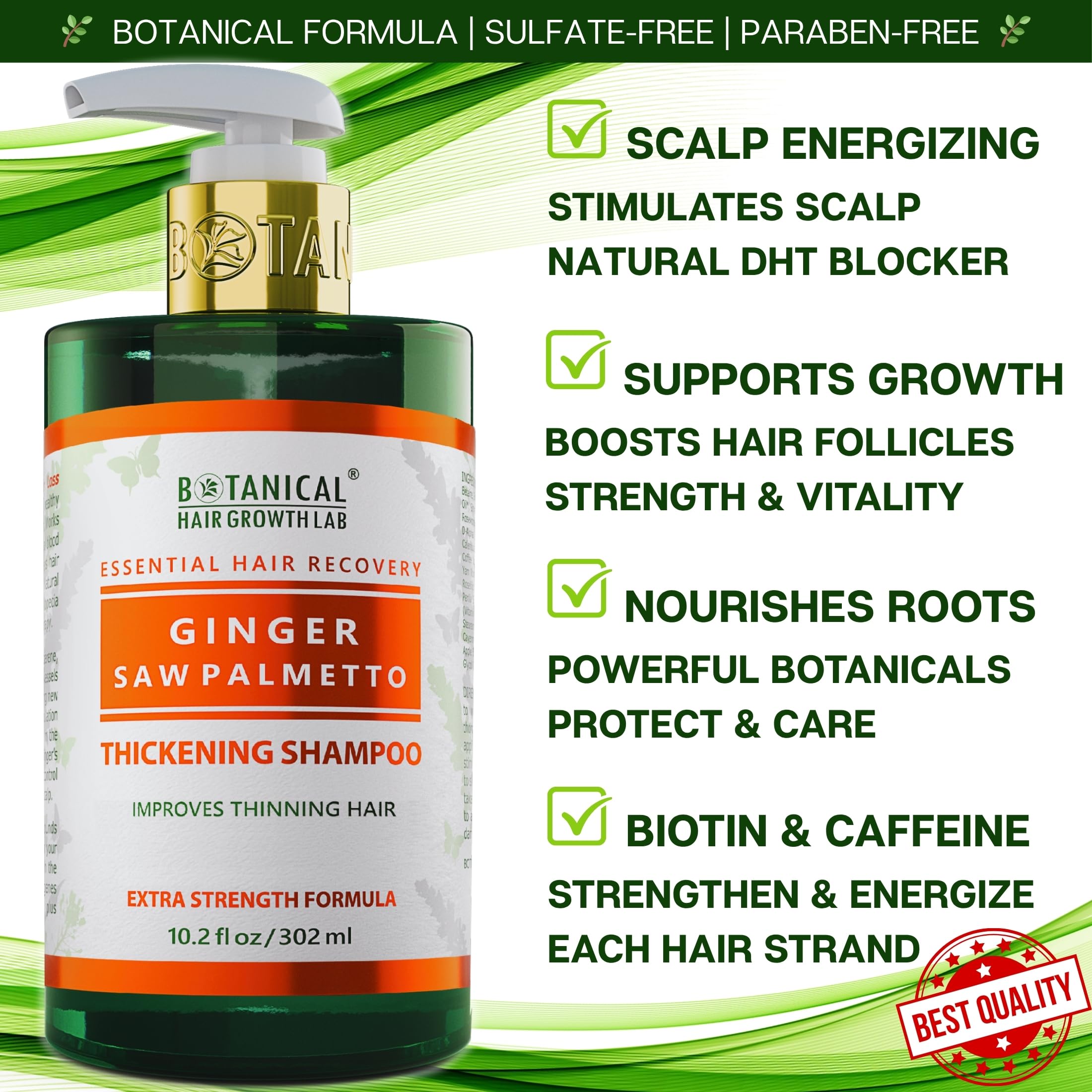 Botanical Hair Growth Shampoo with Ginger & Saw Palmetto – Thickening & Scalp Stimulation (10.2 fl oz) | BOTANICAL HAIR GROWTH LAB