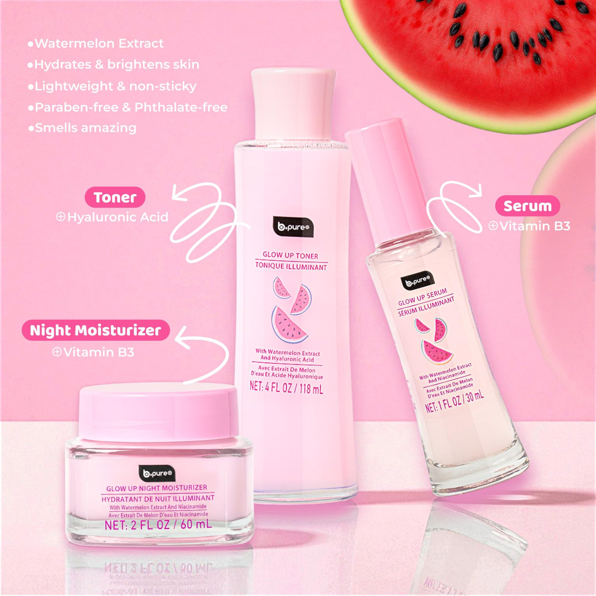 b.pure Glow Up Renewing Skin Care Gift Set | Hyaluronic Acid, Niacinamide, Watermelon Extract