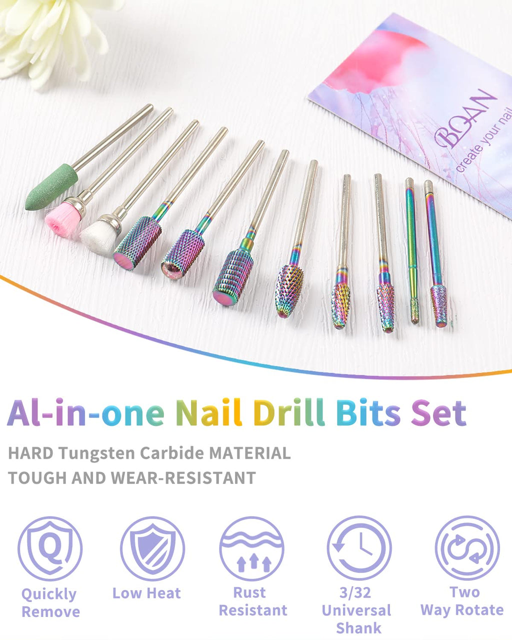 BQAN Nail Drill Bits 17Pcs Tungsten Carbide Set 3/32 inch for Nail Drill Efile - Professional & Home Use