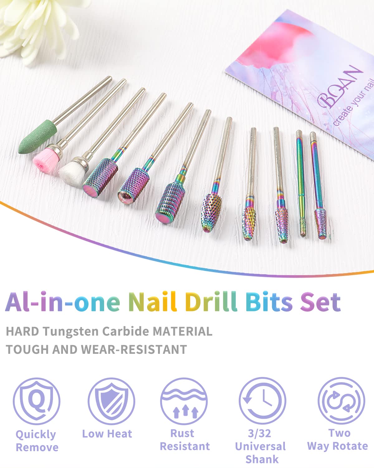 BQAN Nail Drill Bits 17Pcs Tungsten Carbide Set 3/32 inch for Nail Drill Efile - Professional & Home Use