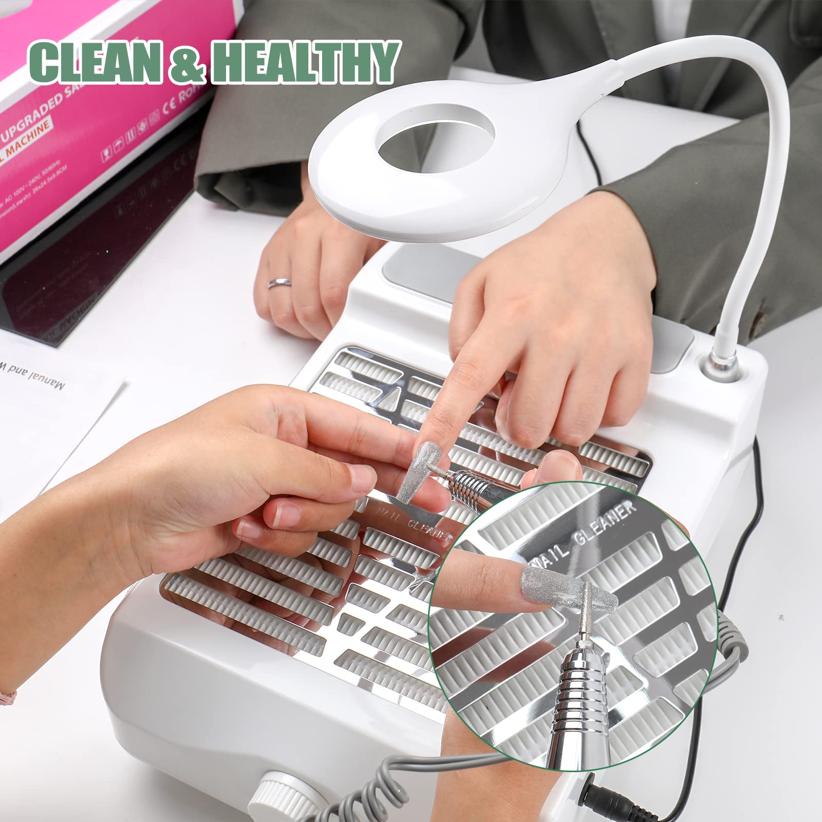 BQAN Nail Dust Collector 60W – Powerful Salon Vacuum with LED Lamp, Dust Brush & Hand Cushion