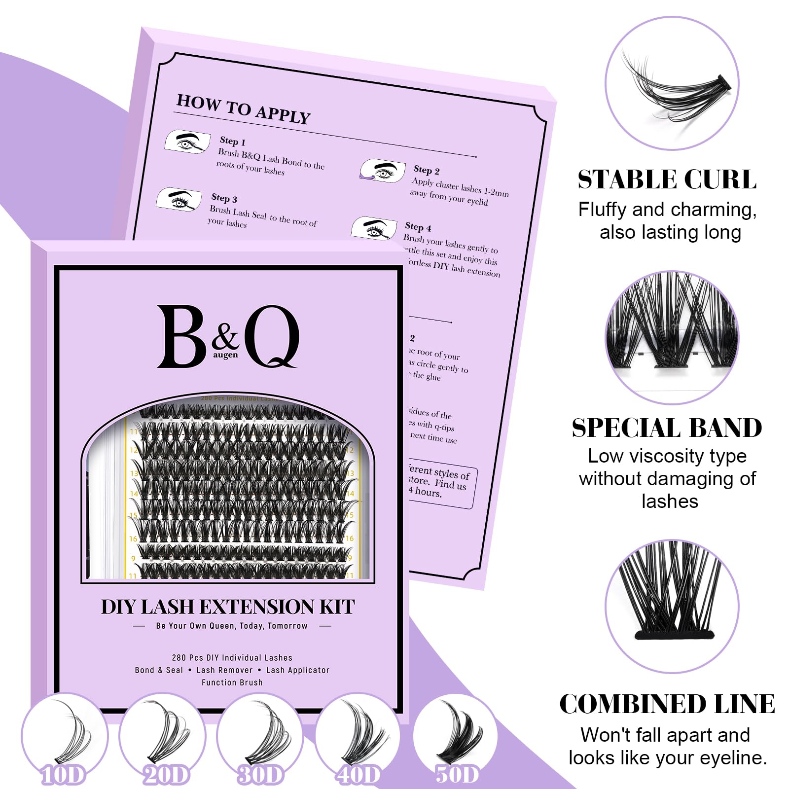 B&Q Lash Clusters Kit 280PCS – DIY Eyelash Extensions (40D/50D Mix) with Bond & Seal
