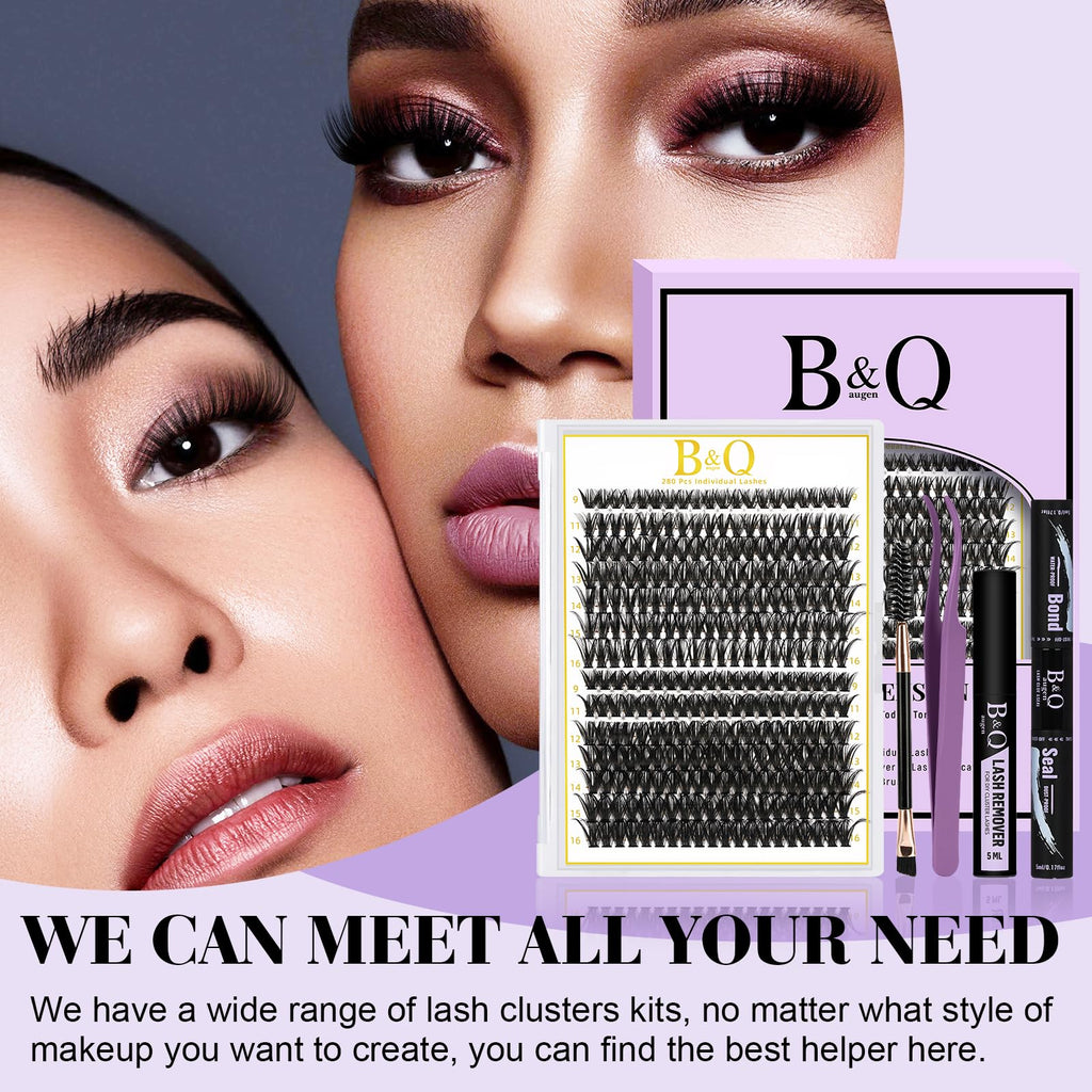 B&Q Lash Clusters Kit 280PCS – DIY Eyelash Extensions (40D/50D Mix) with Bond & Seal