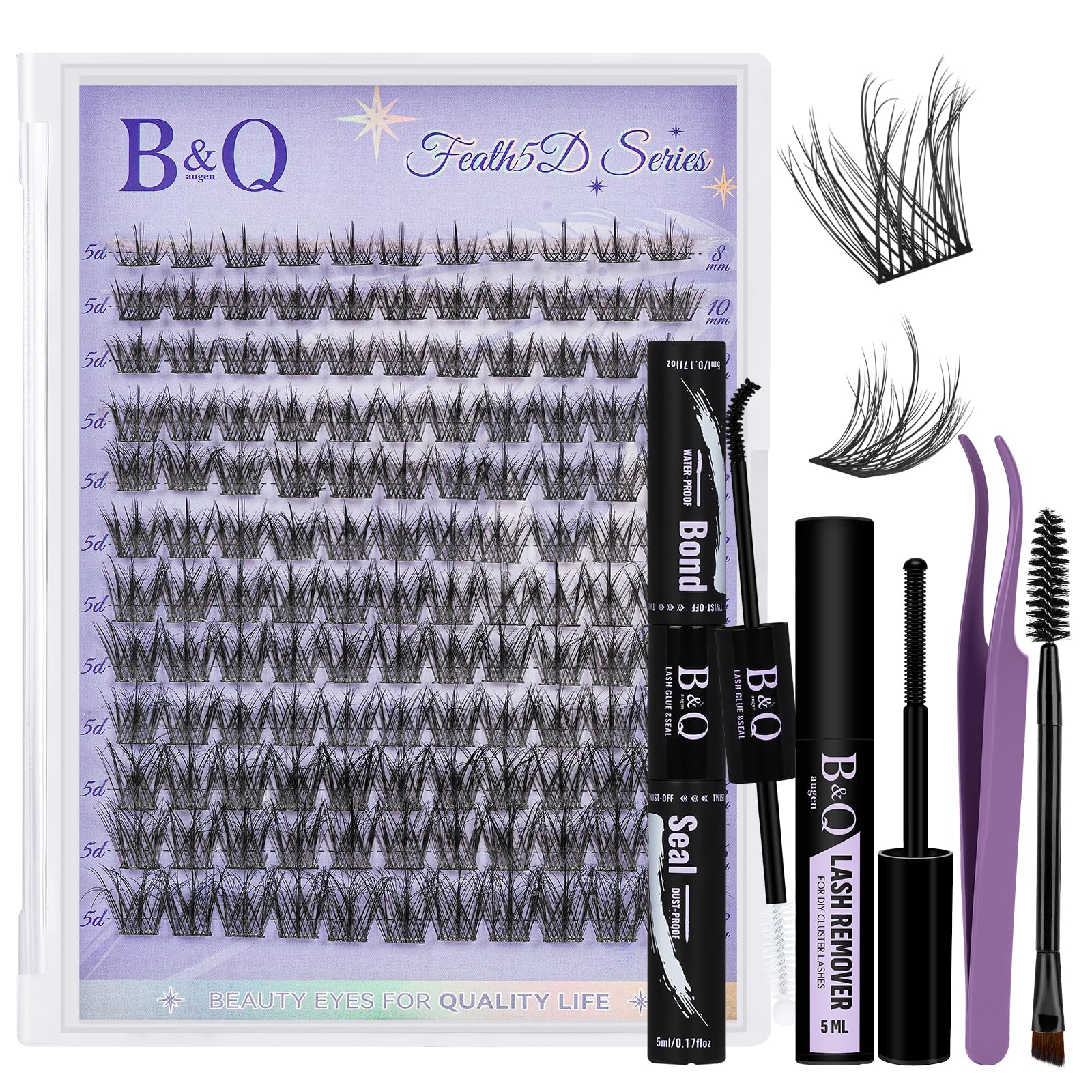 B&Qaugen Feath5D Lash Clusters Kit Wispy Fluffy 8-18mm C Curl Waterproof – Glue & Tools
