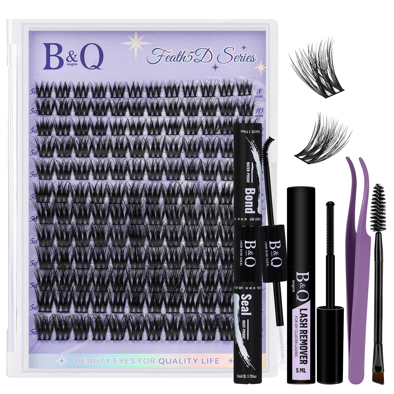 B&Qaugen Lash Clusters Kit Wispy Fluffy Feath5D – 8-18mm C Curl, Waterproof, Glue & Tools