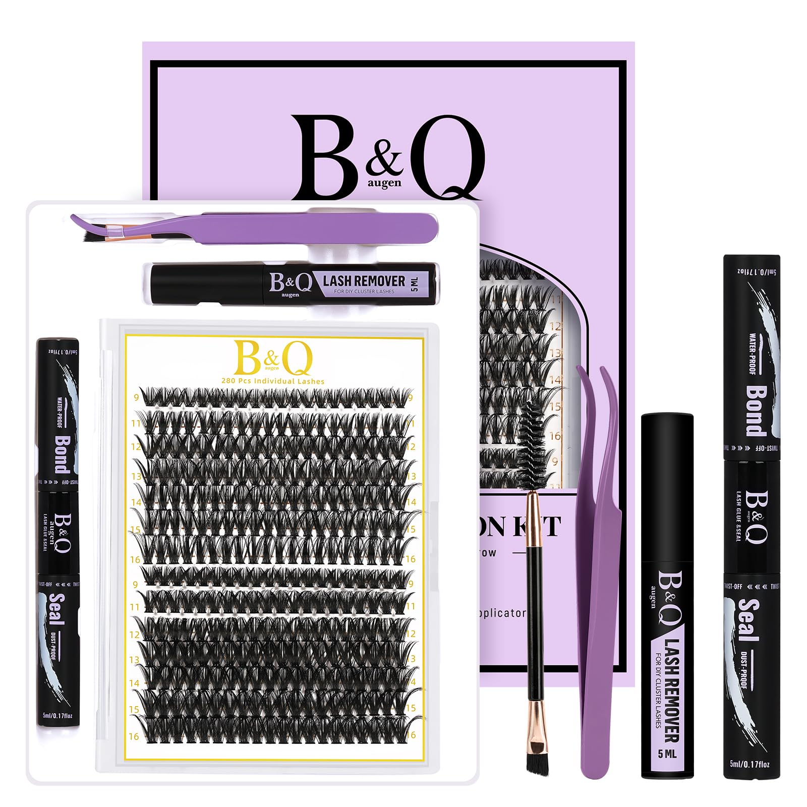 B&Q Lash Clusters Kit 280PCS – DIY Eyelash Extensions (40D/50D Mix) with Bond & Seal