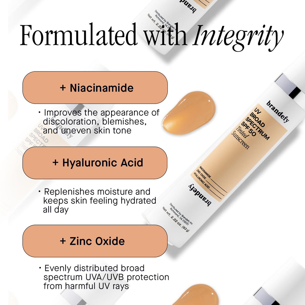 Brandefy UV Tinted SPF 50: Hydrating Mineral Sunscreen with Niacinamide | Made in USA