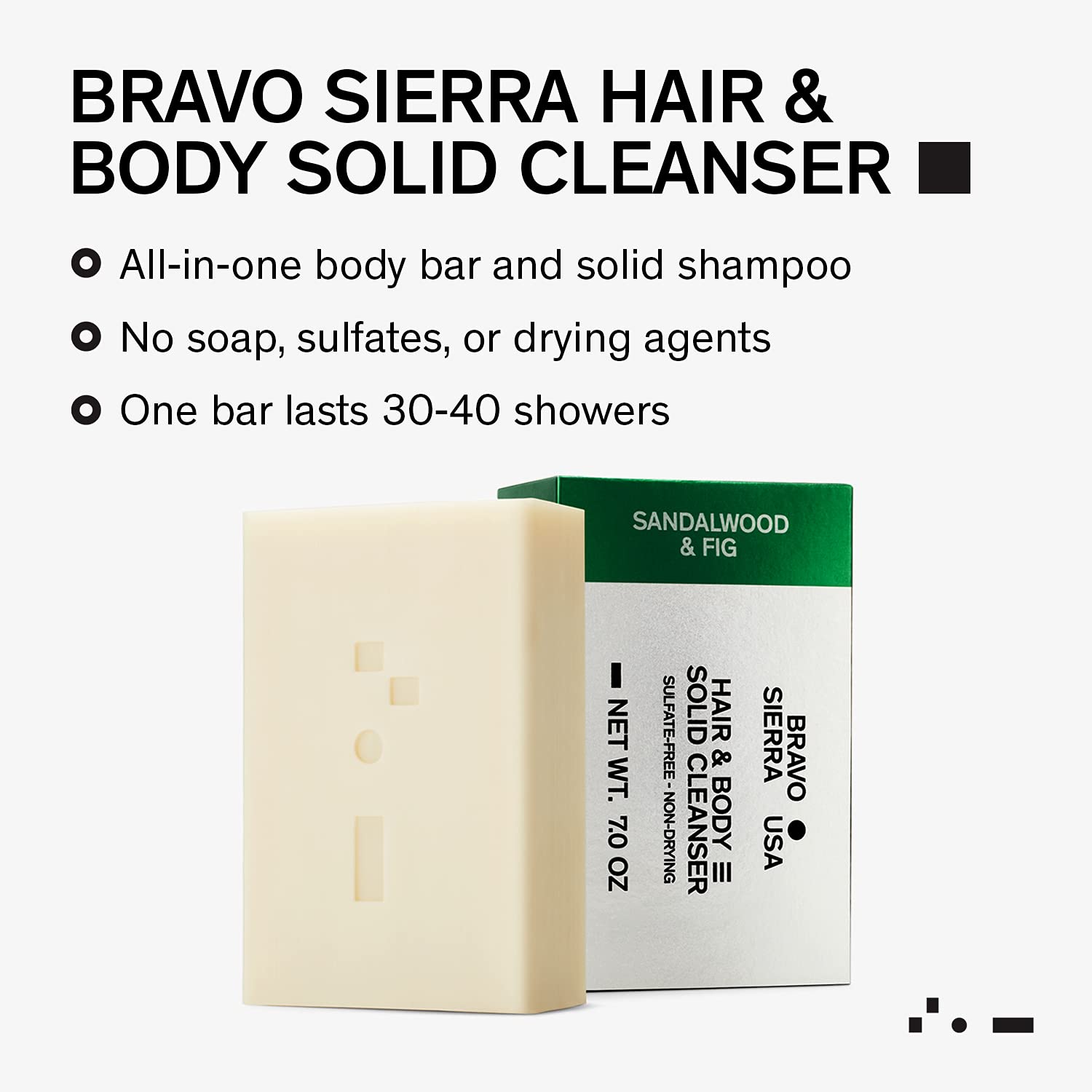 Bravo Sierra Body and Hair Solid Cleanser – Sandalwood and Fig, 7 oz | All-In-One Bar