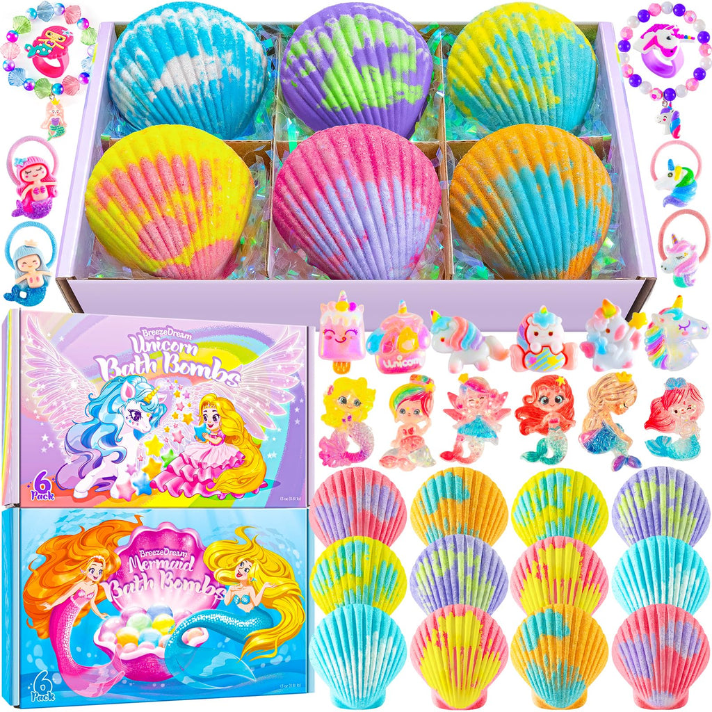 BreezeDream Shell Bath Bombs for Girls – 12-Pack Mermaid & Unicorn Gift Set with 20 Surprises