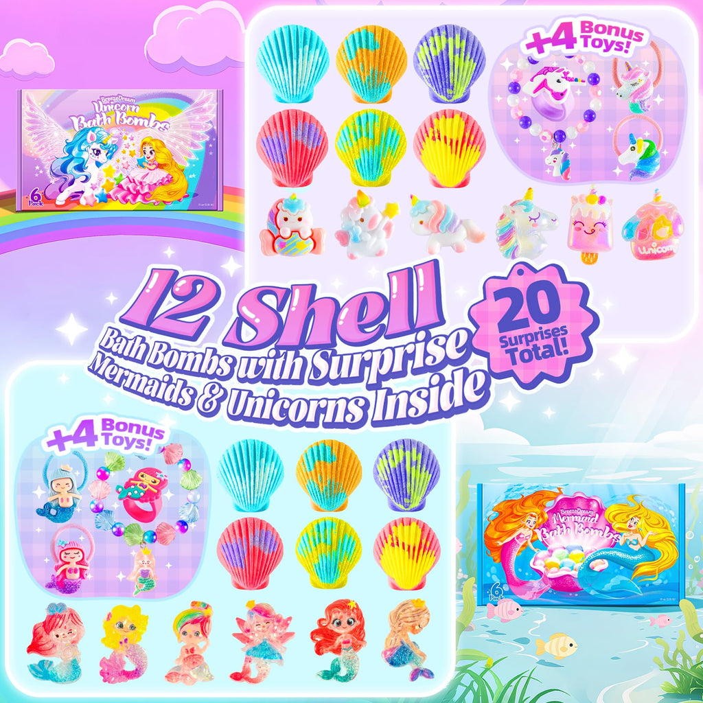 BreezeDream Shell Bath Bombs for Girls – 12-Pack Mermaid & Unicorn Gift Set with 20 Surprises