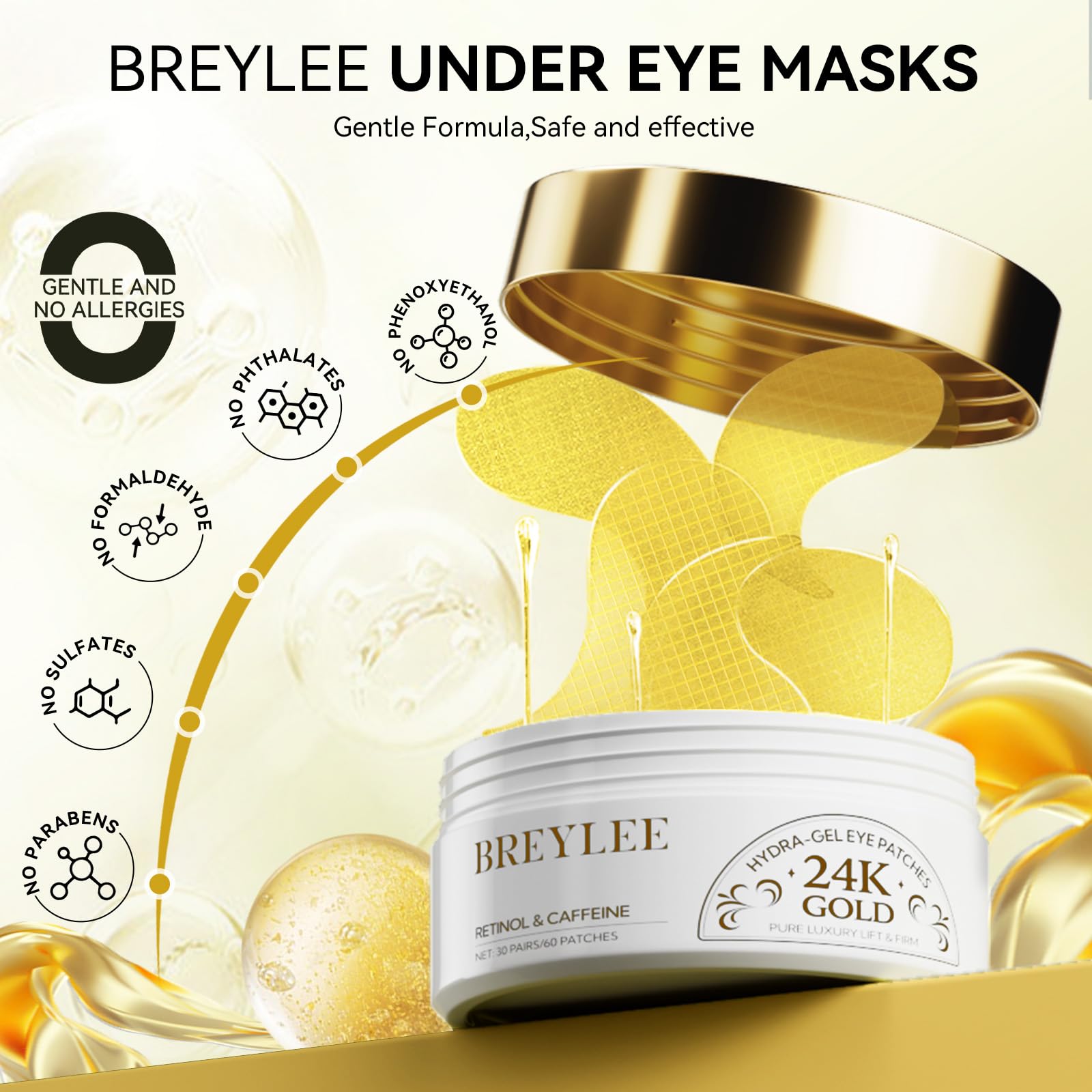 BREYLEE 24K Gold Eye Masks – 60 Pcs with Retinol & Caffeine for Puffiness, Dark Circles, Fine Lines