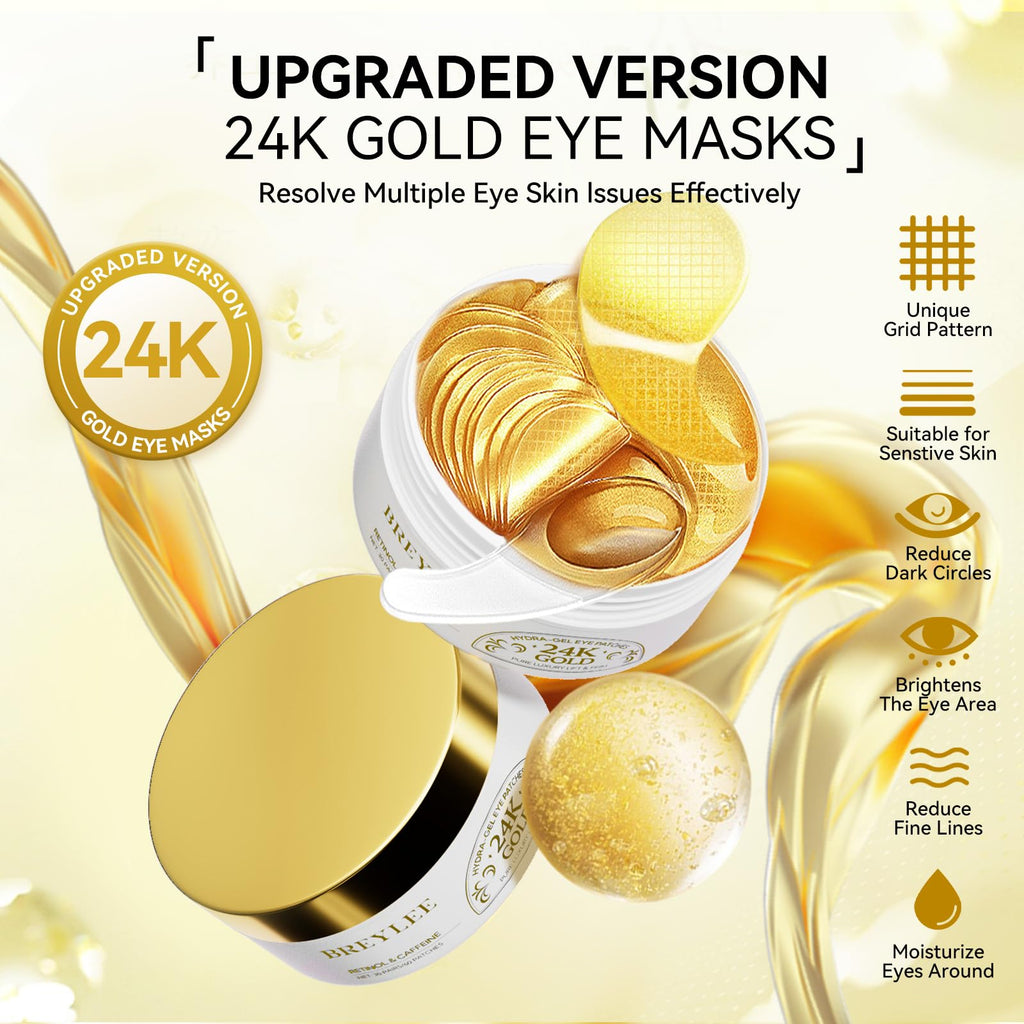 BREYLEE 24K Gold Eye Masks – 60 Pcs with Retinol & Caffeine for Puffiness, Dark Circles, Fine Lines