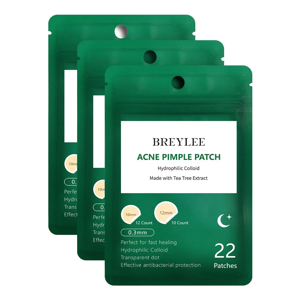 BREYLEE Tea Tree Acne Patches | Hydrocolloid Pimple Dots (3 Pack, 66 Count)