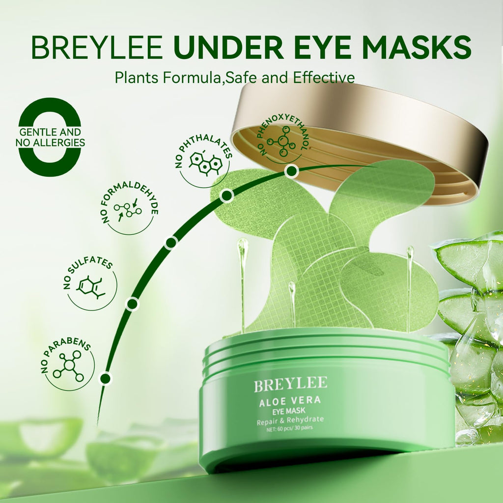 BREYLEE Aloe Vera Eye Masks – 60 Pcs for Puffy Eyes & Dark Circles