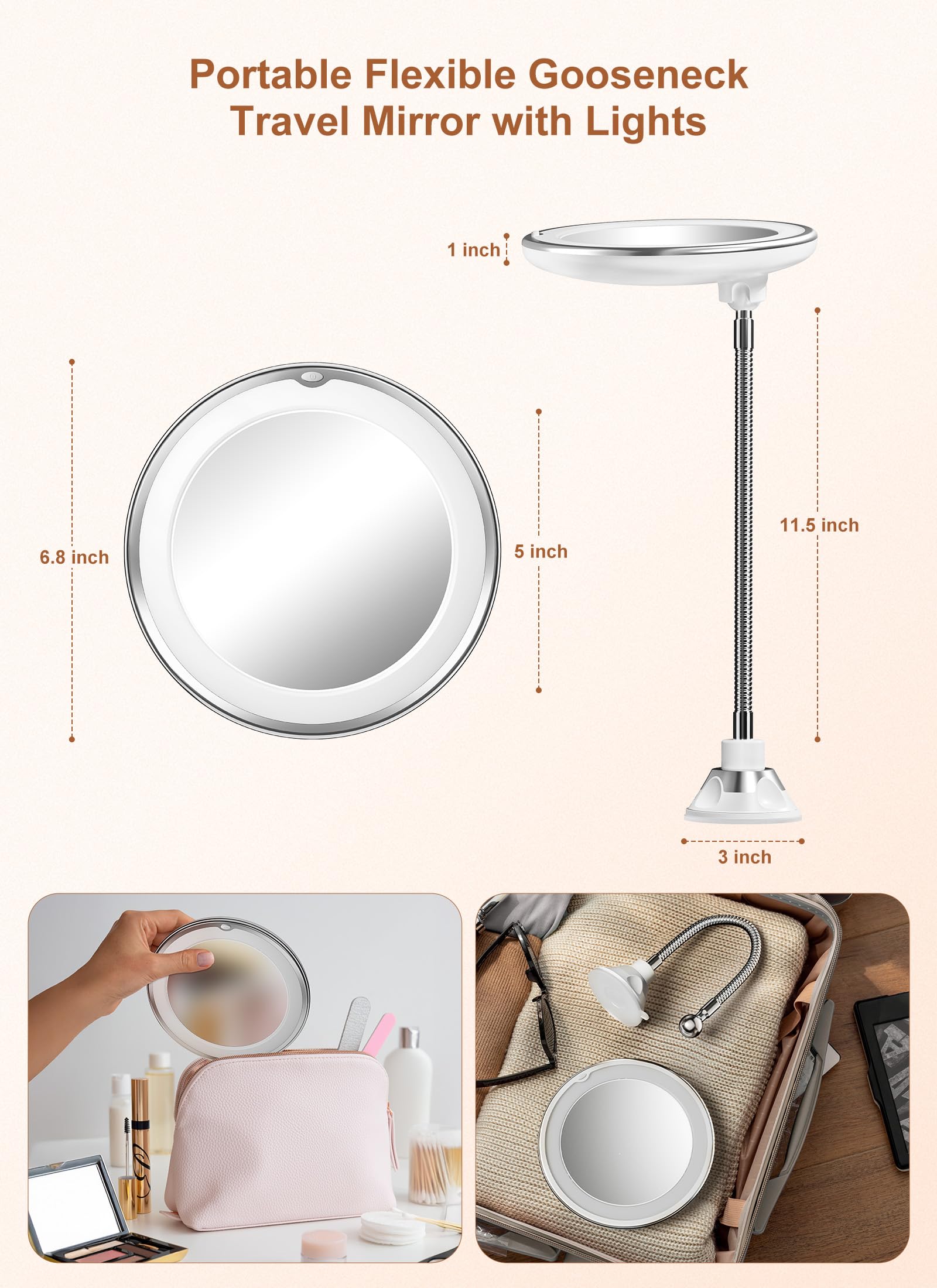 Brightown 10x Magnifying Mirror with Light — Cordless Gooseneck Makeup Mirror (Silver)