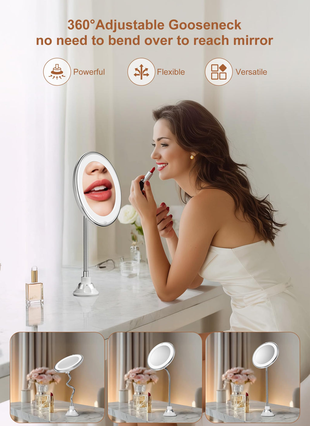 Brightown 10x Magnifying Mirror with Light — Cordless Gooseneck Makeup Mirror (Silver)