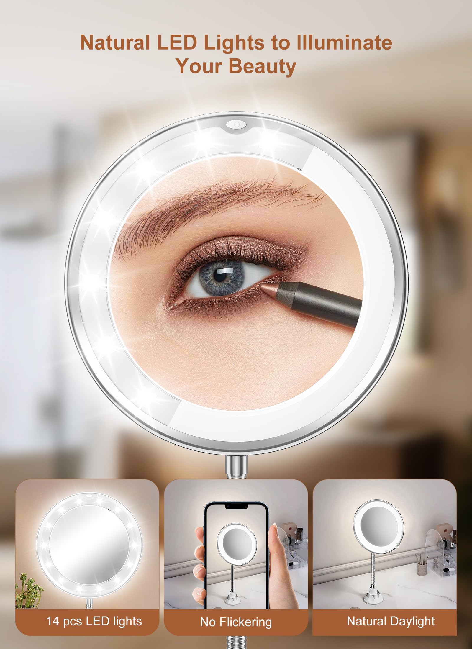 Brightown 10x Magnifying Mirror with Light — Cordless Gooseneck Makeup Mirror (Silver)
