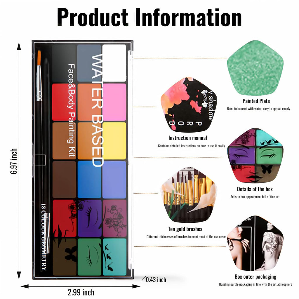 BRIMFULITE Face Painting Kit – 18 Color Water-Activated Pigments, 10 Brushes, Non-Toxic & Washable