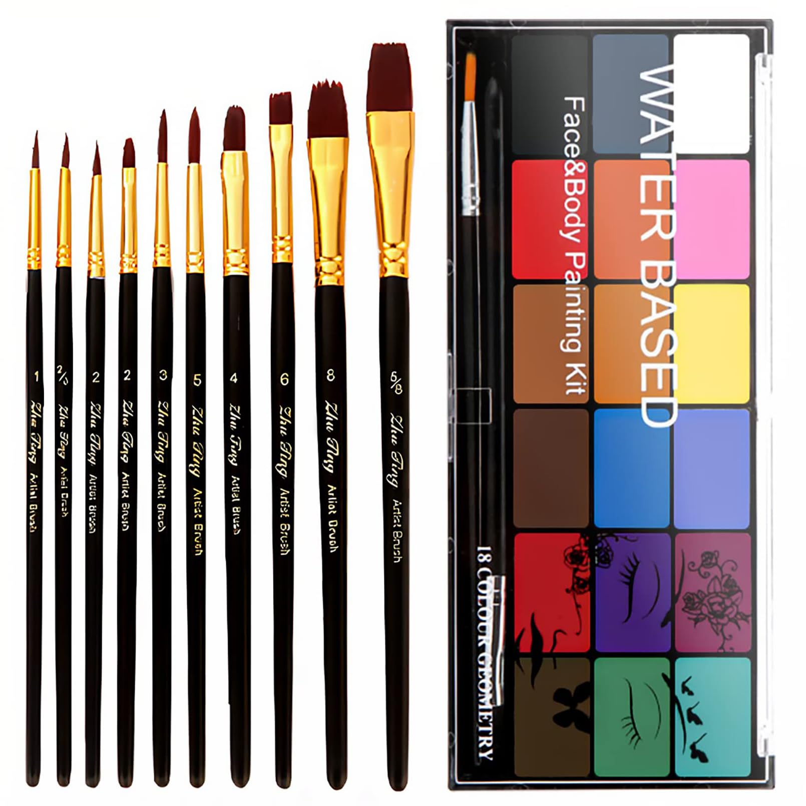 BRIMFULITE Face Painting Kit – 18 Color Water-Activated Pigments, 10 Brushes, Non-Toxic & Washable