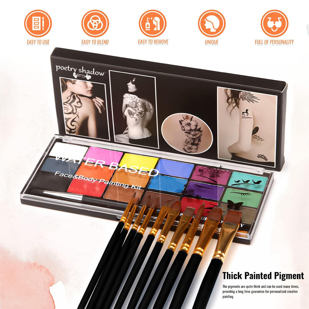 BRIMFULITE Face Painting Kit – 18 Color Water-Activated Pigments, 10 Brushes, Non-Toxic & Washable