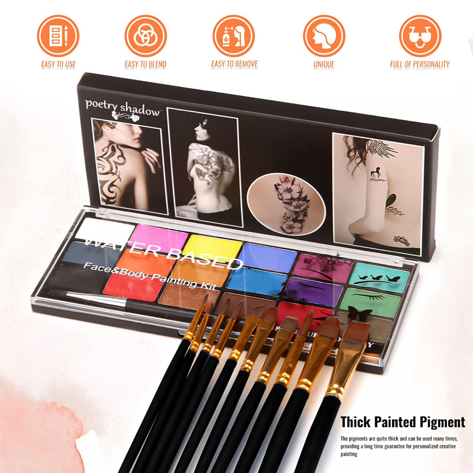 BRIMFULITE Face Painting Kit – 18 Color Water-Activated Pigments, 10 Brushes, Non-Toxic & Washable