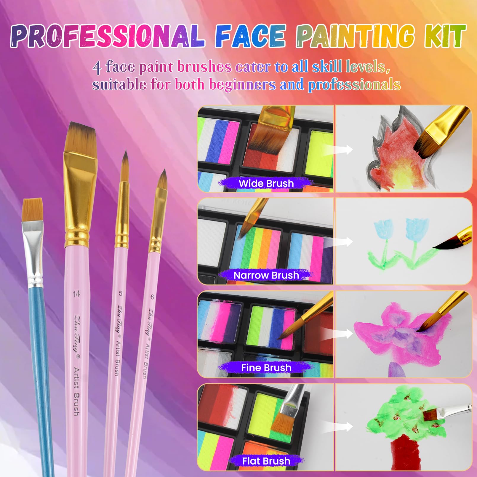 BRIMFULITE Water Activated Face Paint Kit – Highly Pigmented Split Cake with 4 Brushes