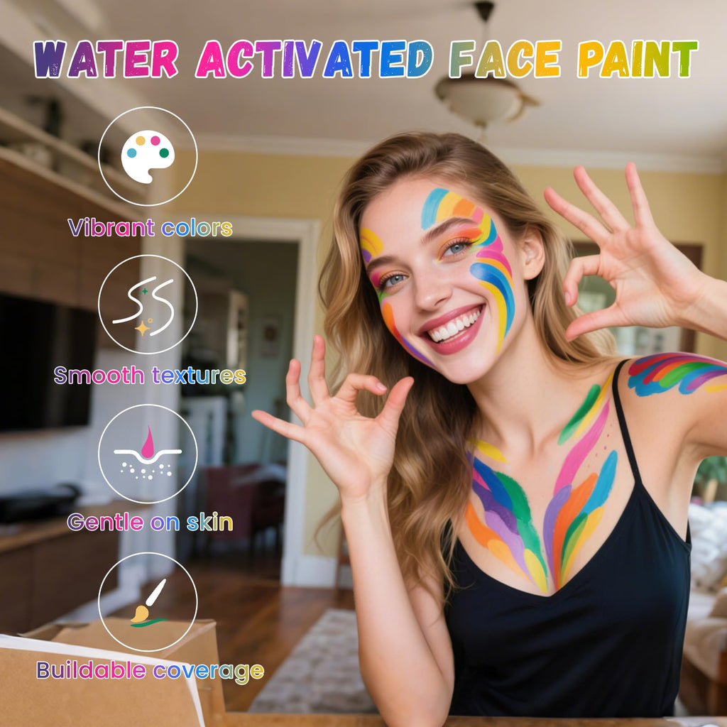 BRIMFULITE Water Activated Face Paint Kit – Highly Pigmented Split Cake with 4 Brushes