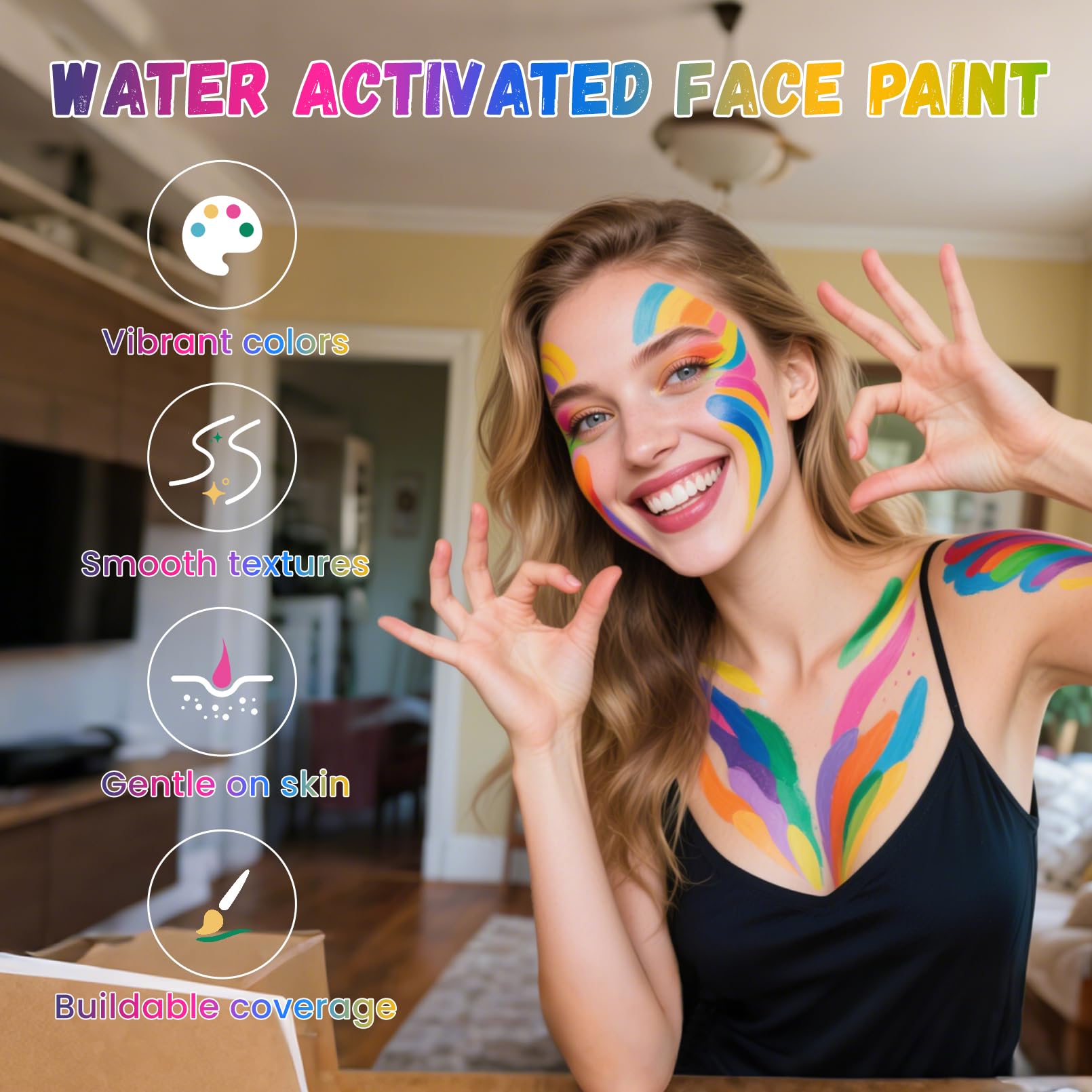 BRIMFULITE Water Activated Face Paint Kit – Highly Pigmented Split Cake with 4 Brushes