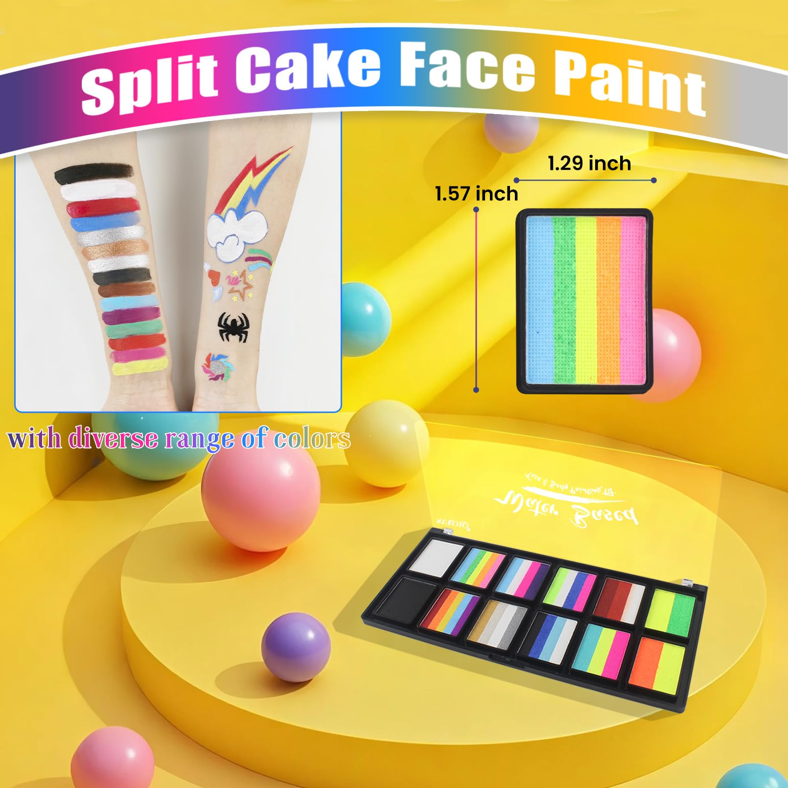 BRIMFULITE Water Activated Face Paint Kit – Highly Pigmented Split Cake with 4 Brushes