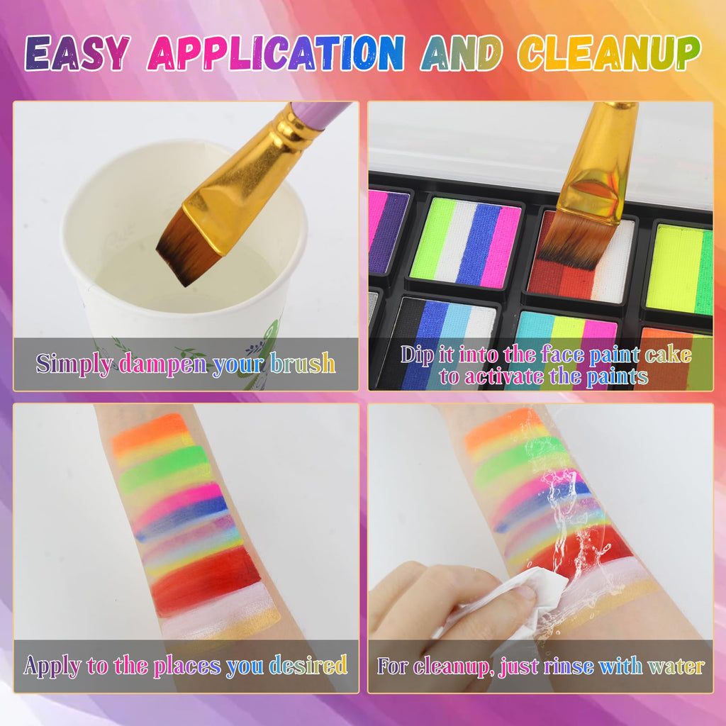 BRIMFULITE Water Activated Face Paint Kit – Highly Pigmented Split Cake with 4 Brushes