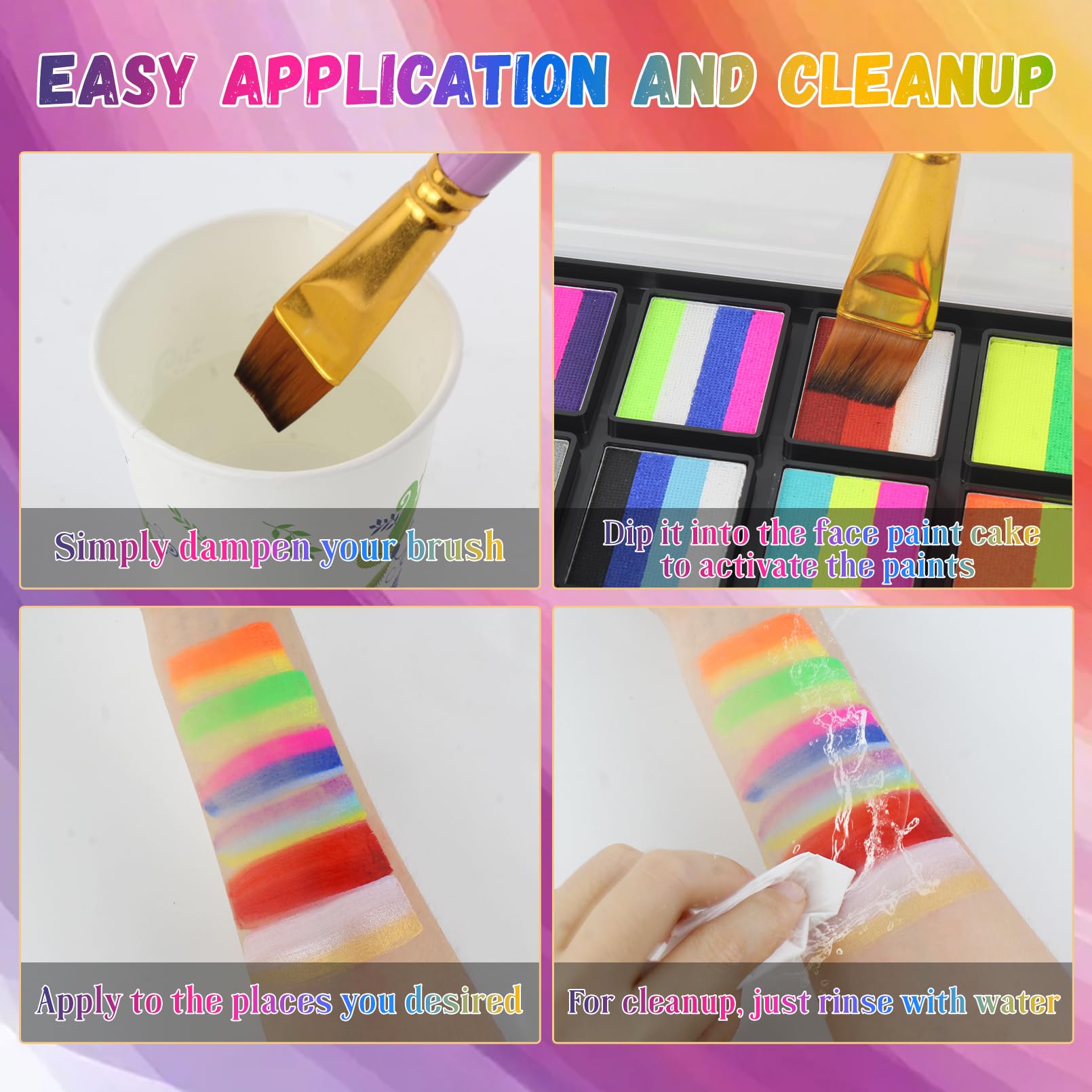 BRIMFULITE Water Activated Face Paint Kit – Highly Pigmented Split Cake with 4 Brushes