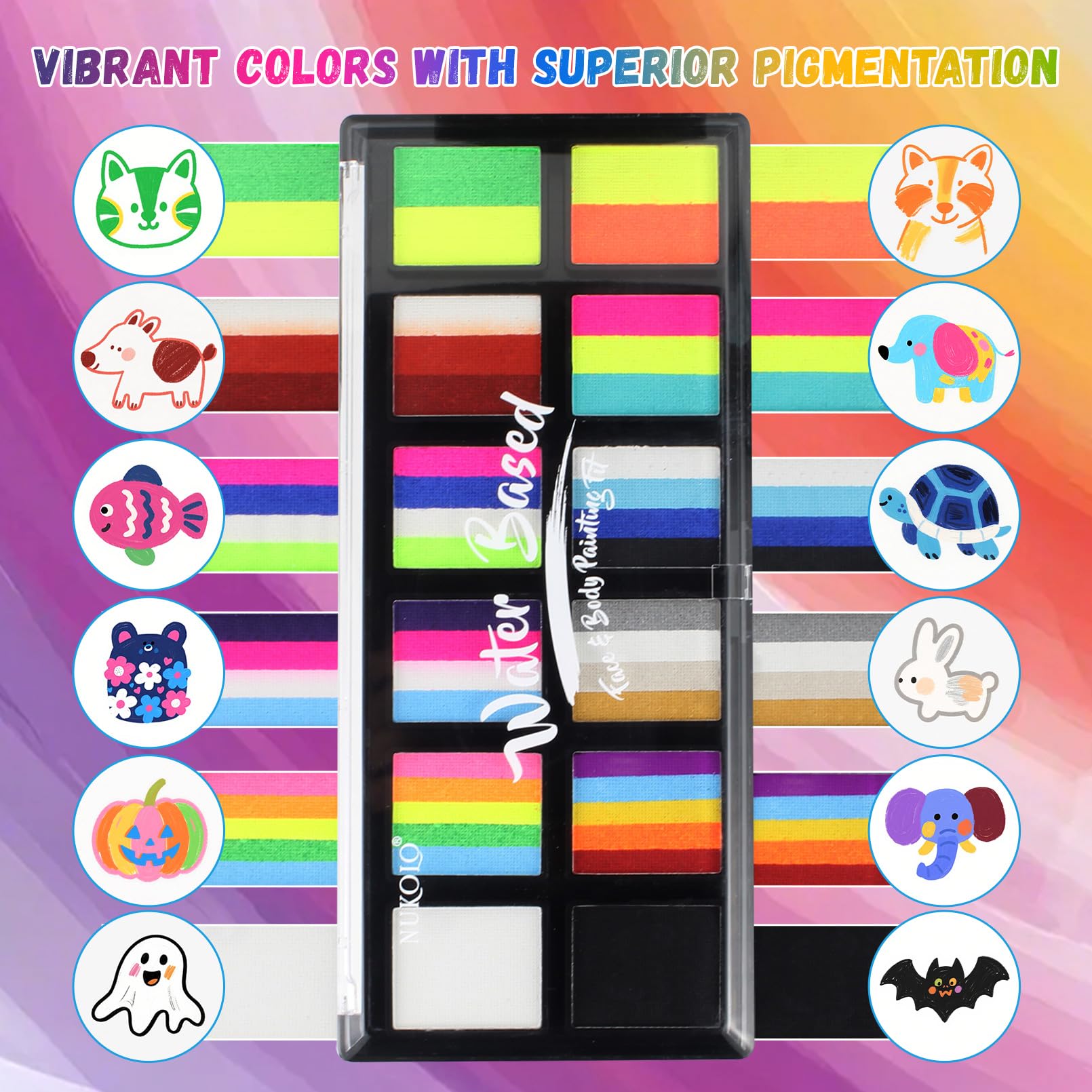 BRIMFULITE Water Activated Face Paint Kit – Highly Pigmented Split Cake with 4 Brushes