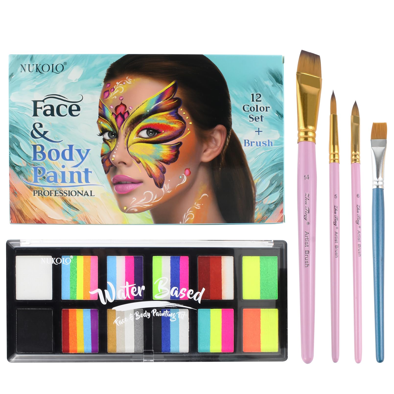 BRIMFULITE Water Activated Face Paint Kit – Highly Pigmented Split Cake with 4 Brushes