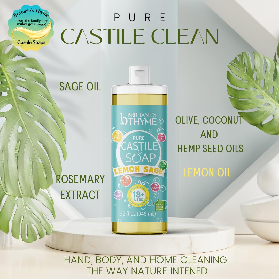 Brittanie's Thyme Pure Castile Liquid Soap Refill – Lemon Sage, 2 x 32 oz