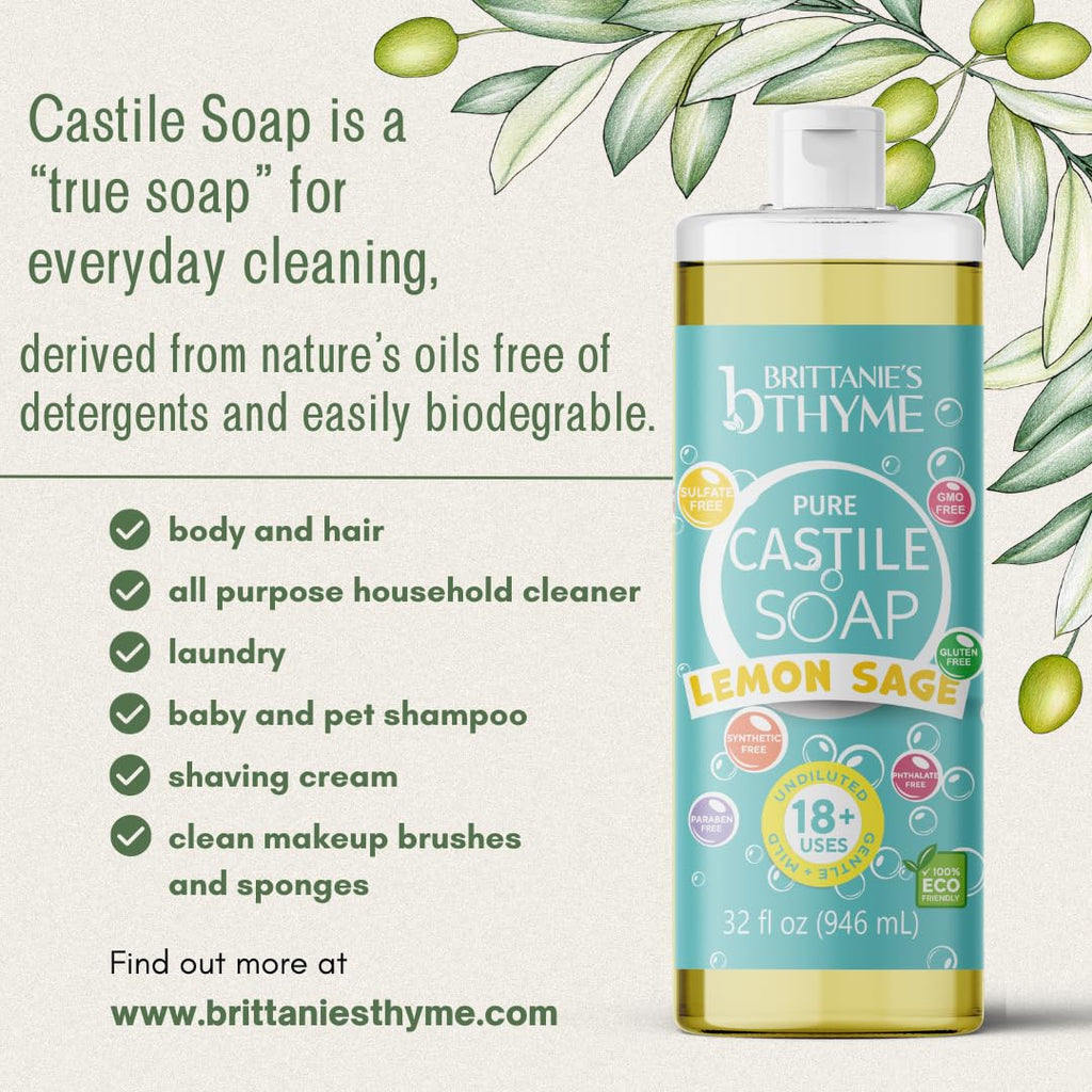 Brittanie's Thyme Pure Castile Liquid Soap Refill – Lemon Sage, 2 x 32 oz