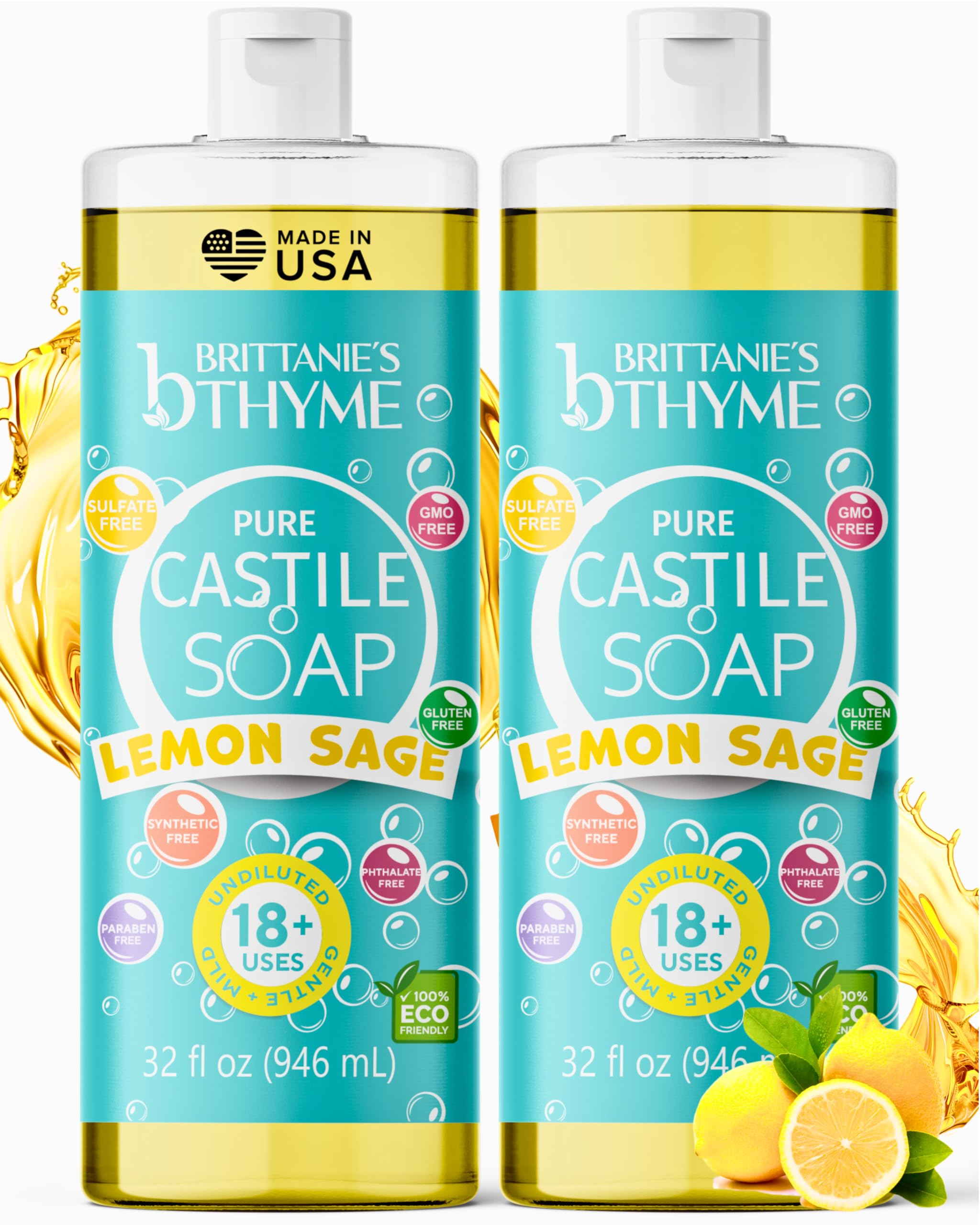 Brittanie's Thyme Pure Castile Liquid Soap Refill – Lemon Sage, 2 x 32 oz