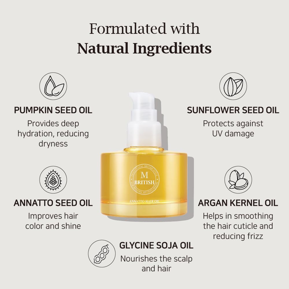 BRITISH M Annatto Hair Oil – Frizz-Free Shine, Deep Hydration, UV Protection