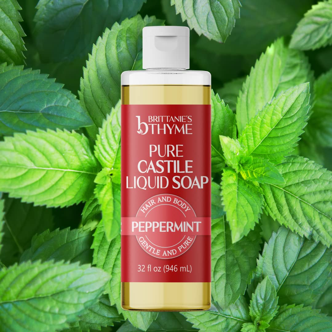 Brittanie's Thyme Pure Castile Liquid Soap Refill Peppermint, 32oz – Gentle, Nourishing Cleanser for Hands, Hair & Body