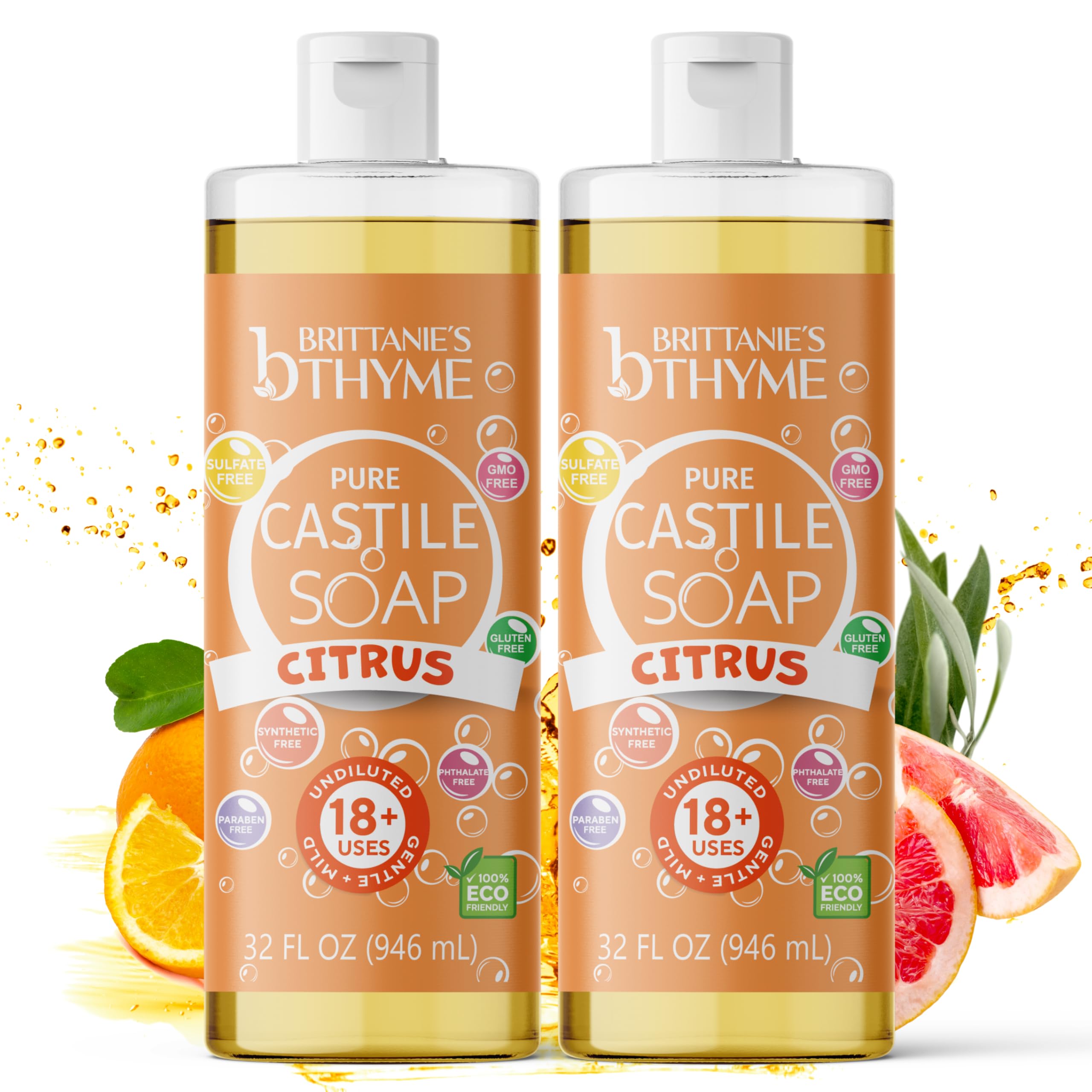 Brittanie's Thyme Pure Castile Liquid Soap Refill Citrus, 32oz x2 | Gentle Plant-Based, Vegan & Gluten-Free