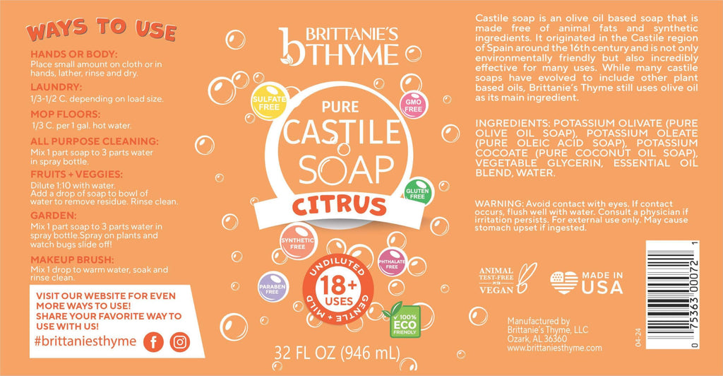 Brittanie's Thyme Pure Castile Liquid Soap Refill Citrus, 32oz x2 | Gentle Plant-Based, Vegan & Gluten-Free