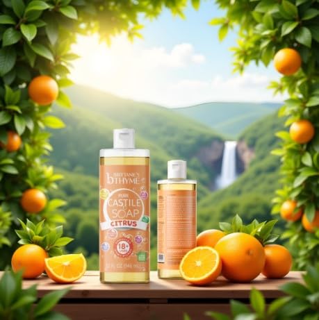 Brittanie's Thyme Pure Castile Liquid Soap Refill Citrus, 32oz x2 | Gentle Plant-Based, Vegan & Gluten-Free