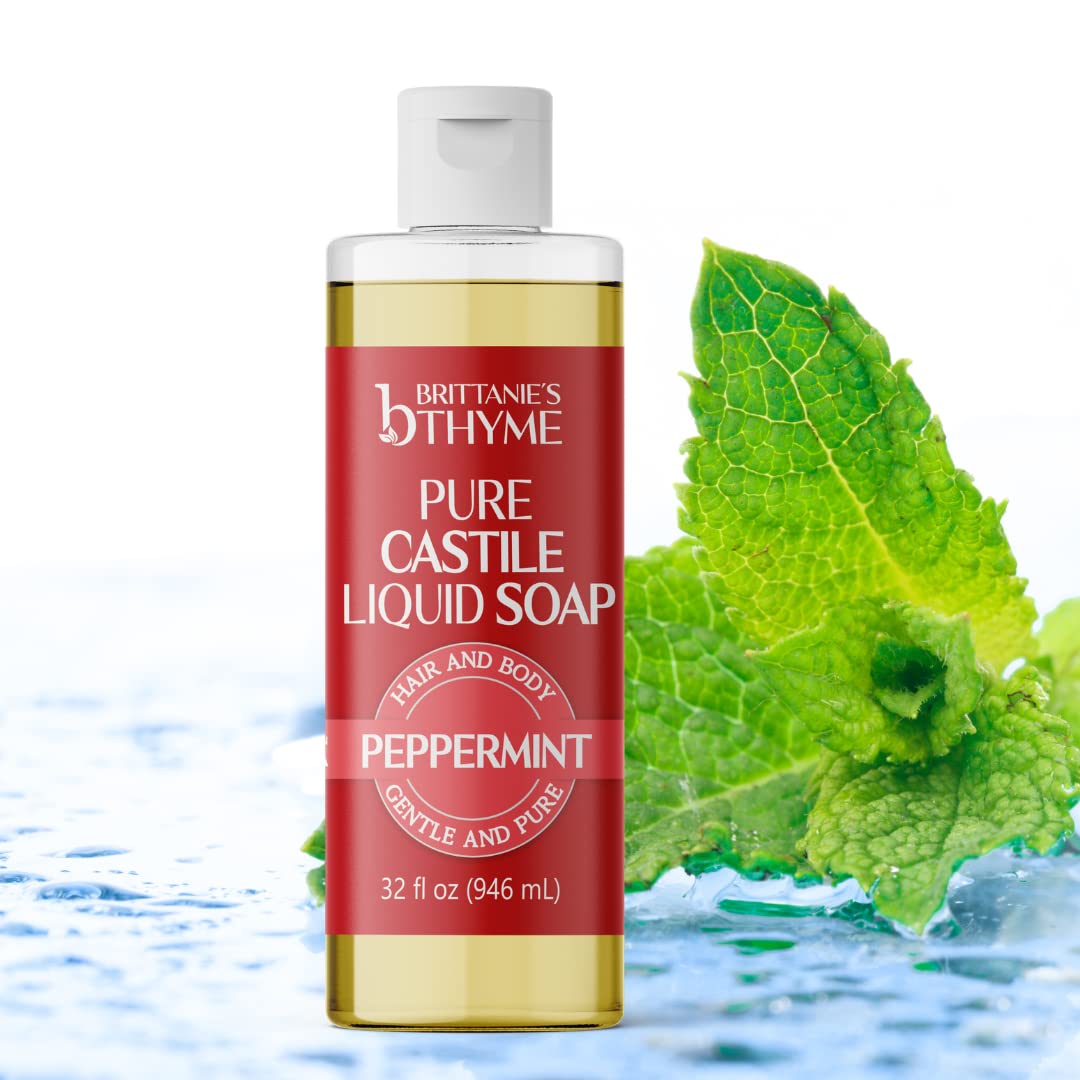 Brittanie's Thyme Pure Castile Liquid Soap Refill Peppermint, 32oz – Gentle, Nourishing Cleanser for Hands, Hair & Body