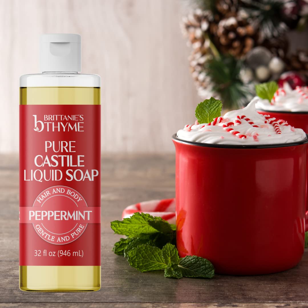 Brittanie's Thyme Pure Castile Liquid Soap Refill Peppermint, 32oz – Gentle, Nourishing Cleanser for Hands, Hair & Body