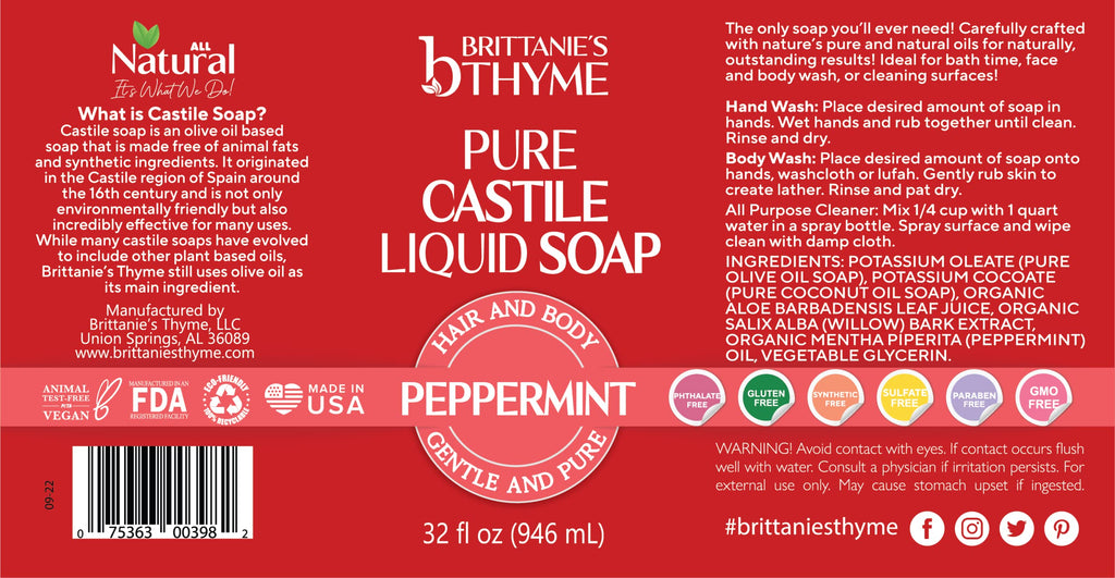 Brittanie's Thyme Pure Castile Liquid Soap Refill Peppermint, 32oz – Gentle, Nourishing Cleanser for Hands, Hair & Body